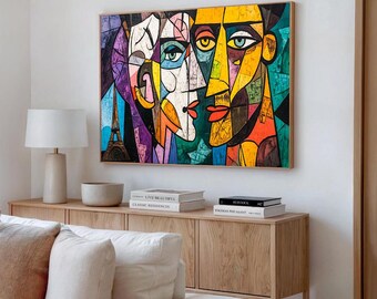Cubist Lovers Canvas – Abstract Couple Wall Art, Picasso Style Romantic Expression
