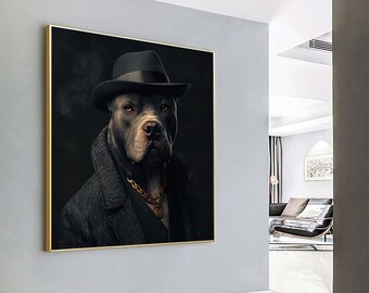 Pitbull Art Print: Modern Dog Portrait in Hat and Coat