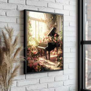 Floral Black Grand Piano Canvas Art, Music Lovers Wall Decor, Abstract Piano Painting, Piano Wall Art, Music Canvas,Extra Large Wall Art