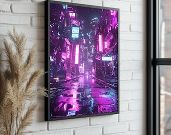 Cyberpunk Night City Canvas Print: Neon Landscape Wall Art