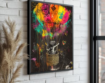 May include: A colorful hot air balloon with a child sitting in the basket. The balloon is made of a variety of colors, including red, yellow, blue, green, and purple. The child is wearing a black and white outfit and is looking up at the sky. The balloon is surrounded by a dark background with graffiti.