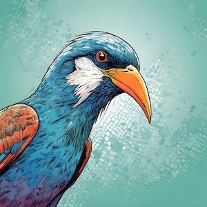 Modern Bird Drawing Canvas Painting - Digital Art Bird Poster - Bird Wall Decor - Blue and Orange Bird Illustration - Fast Shipping