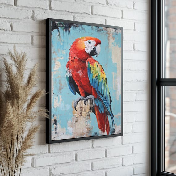 カラフルなオウムのキャンバスウォールアート：モダンな油絵スタイル