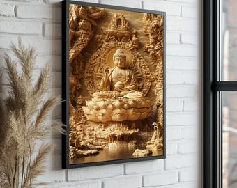 Golden Amitabha Buddha Canvas Art: Spiritual Zen Temple Decor