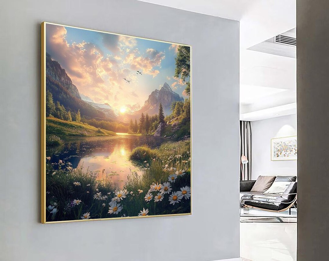 Mountain Sunset Lake Canvas – Nature Landscape Wall Art, Floral Field ...
