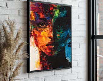 Puede incluir: Impresión artística de retrato abstracto con un diseño de rostro dividido. Un lado está representado en tonos cálidos de naranja y rojo, el otro en azules y verdes fríos. La obra de arte está enmarcada en un borde negro y montada en una pared de ladrillos blancos.