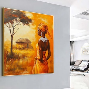 Canvaskunst Afrikaanse vrouw: etnische vrouw in oranje jurk, ingelijste print
