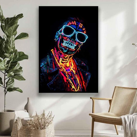 Neon Skull Canvas Print – Cyberpunk Skeleton Wall Art – Glow in