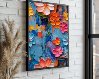 May include: A painting of colorful flowers on a blue background. The flowers are painted in a thick, textured style, giving them a 3D effect. The painting is framed in black.