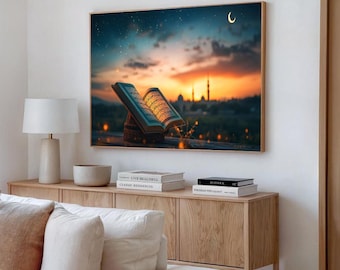 Quran Islamic Wall Art – Sunset Mosque Canvas – Holy Book Muslim Decor