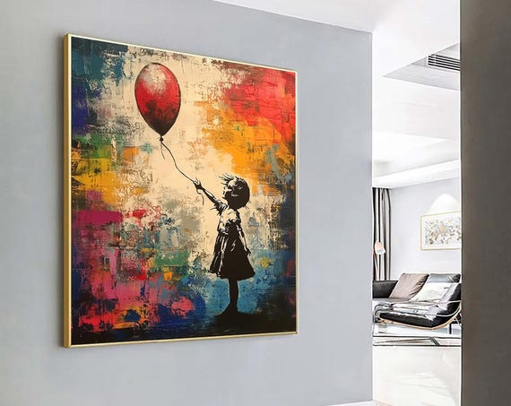 最終価格【BANKSY ART CANVAS バンクシー風船のアートキャンバス】 バンクシーの風船を持った少女のキャンバス：モダングラフィティアート