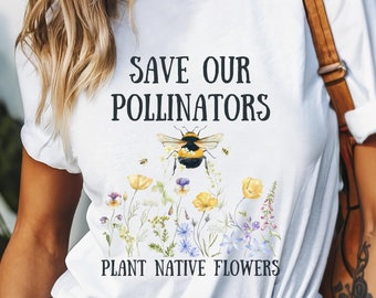 Camiseta polinizadora, Salve nossos polinizadores, Camiseta com flores nativas, Camiseta com abelha, Presente para jardineiro ou apicultor, Camiseta com abelha, Camiseta polinizadora