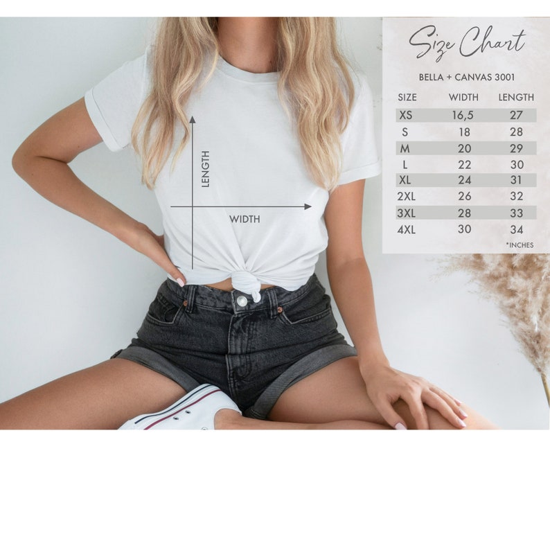May include: Size chart for Bella + Canvas 3001 t-shirts, showing width and length measurements in inches for sizes XS to 4XL.