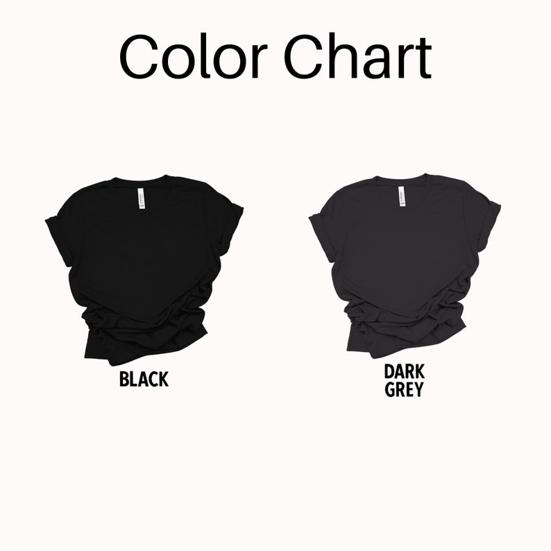 May include: Colour chart showing two t-shirts, one black and one dark grey.