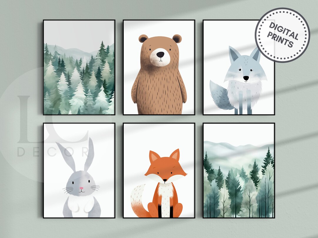 Woodland Nursery Set of 6 Nursery Animal Prints Nursery Animal Wall Art ...