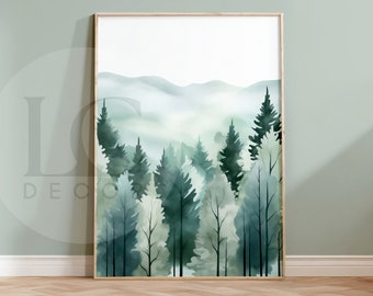 Woodland Scenery Print Nursery Woodland Wall Art Set Forest Illustration Woodland Nursery Decor Digital Print Green Cyan Forest Landscape