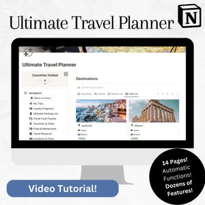 Könnte beinhalten: Ein Computerbildschirm zeigt eine Reiseplaner-App mit dem Titel "Ultimate Travel Planner" an. Die App bietet eine Liste von Funktionen, darunter "Besuchte Länder", "Reiseziele", "Navigation", "Treueprogramme", "Ultimate Packing List", "Reisefonds-Tracker", "Länder und Städte", "Essen und Restaurants", "Reiseforschung" und "Standorte und Touren". Die App verfügt außerdem über einen Abschnitt für "Reiseziele" mit Bildern von Santorini und Athen.