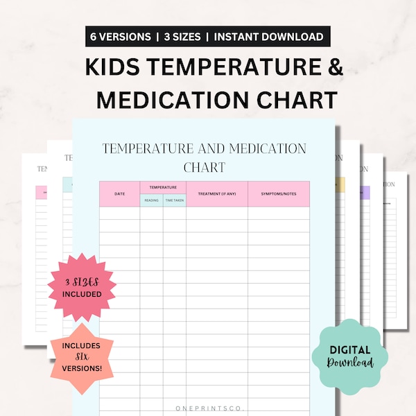 Moniteur de température et de médicaments pour enfants, fichier PDF de suivi de la fièvre, modèle imprimable pour maladie, suivi des symptômes pour bébé, A4/A5/LETTER