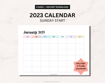 Calendrier imprimable coloré 2023, Année en un coup d’œil, Modèle de 12 mois, Retour à l’école, Début du dimanche, Planificateur de paysage vierge PDF