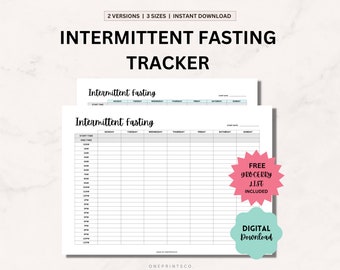 Intermittent Fasting Tracker Template, Free Grocery List, Digital Fasting Journal, Monthly Fasting Diary, Printable PDF, Instant Download