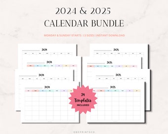 2024 2025 Calendar Blank Monthly Minimal Landscape Home Printable Sunday Monday Start 2 Year Planner Instant Download PDF A4 A5 Letter