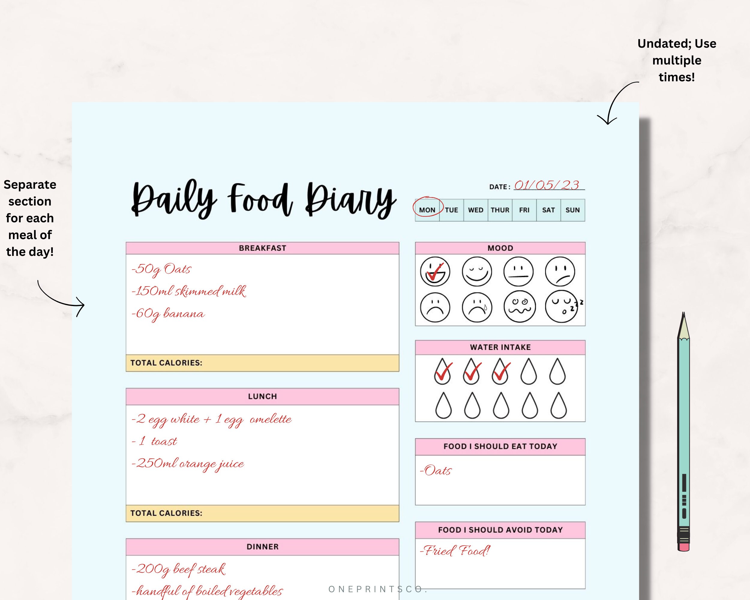Daily Food Log Applications Daily Food Log Diary Weekly Meal Tracker Journal Digital Planner Insert ...