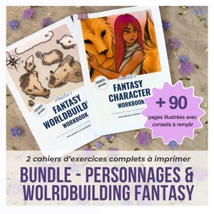 Puede incluir: Dos libros de ejercicios imprimibles titulados Amilie's Fantasy Worldbuilding Workbook y Fantasy Character Workbook. Las portadas muestran un mapa y un personaje con un león. Un gráfico morado en forma de estrella muestra + 90 pages illustrées avec conseils à remplir.