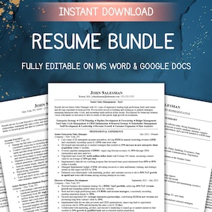 May include: A resume bundle with the text "RESUME BUNDLE" and "INSTANT DOWNLOAD" on a dark blue background. The resumes are fully editable on MS Word & Google Docs. The resumes are white with black text.