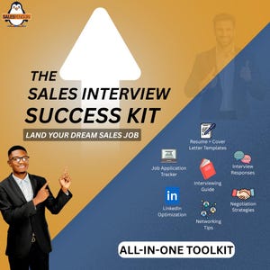 Op de afbeelding: De Sales Interview Success Kit, met het Sales Penguin logo, bevat cv-sjablonen, een sollicitatietracker, een interviewgids en LinkedIn-optimalisatie. De kit belooft je te helpen je droombaan te bemachtigen.