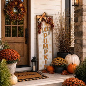 May include: A porch decorated for autumn with pumpkins, chrysanthemums, and a wreath. A sign saying "Hey Pumpkin" is displayed. A welcome mat is at the door. The scene is warm and inviting, perfect for the season.