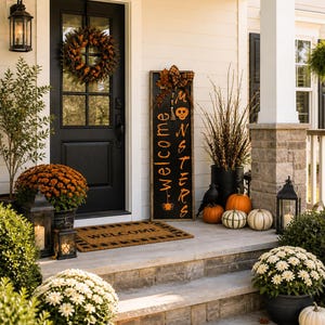 May include: A decorated front porch with Halloween decorations. A black door with a wreath, a welcome mat, and a sign saying "Welcome Monsters". Pumpkins, chrysanthemums, and lanterns complete the scene.