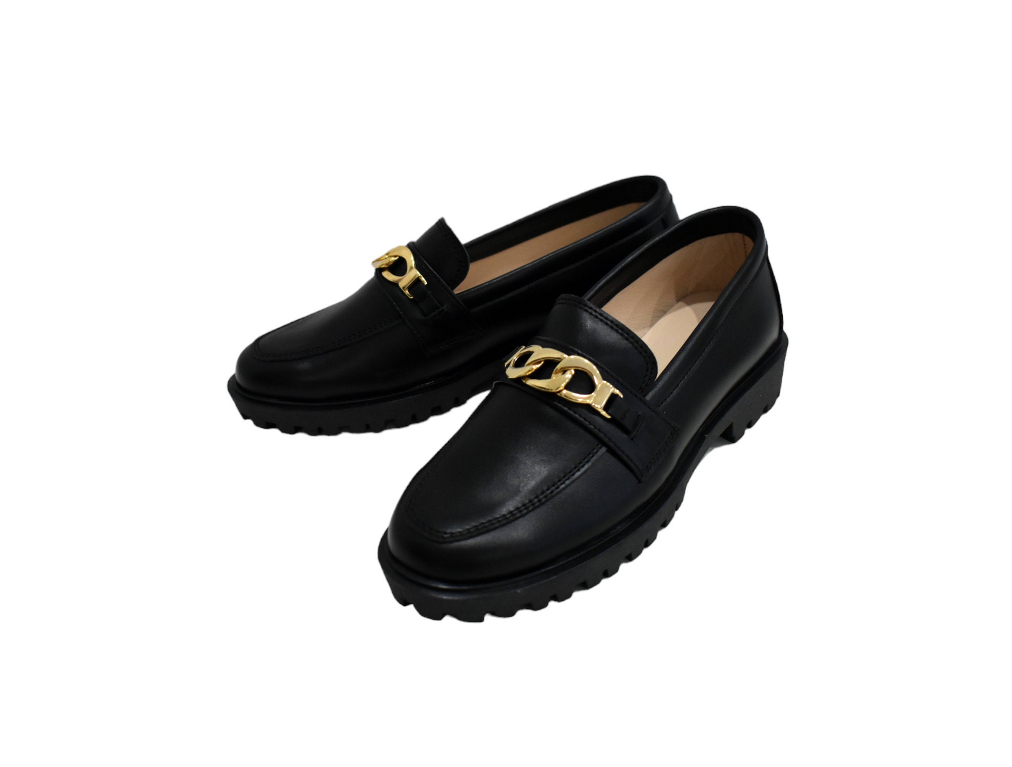 Black Loafers with Gold Chain Accent Glossy Chic Patent Platform Loafer with Gold Accent  main image 3