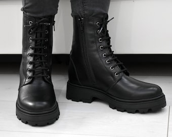 Black zipper and lace up combat boots Women leather cargo boots Black chunky heel boots military boots for women
