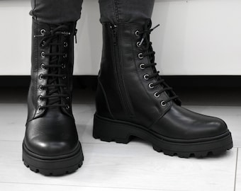 Black Zipper and Lace up Combat Boots Women Leather Cargo Boots