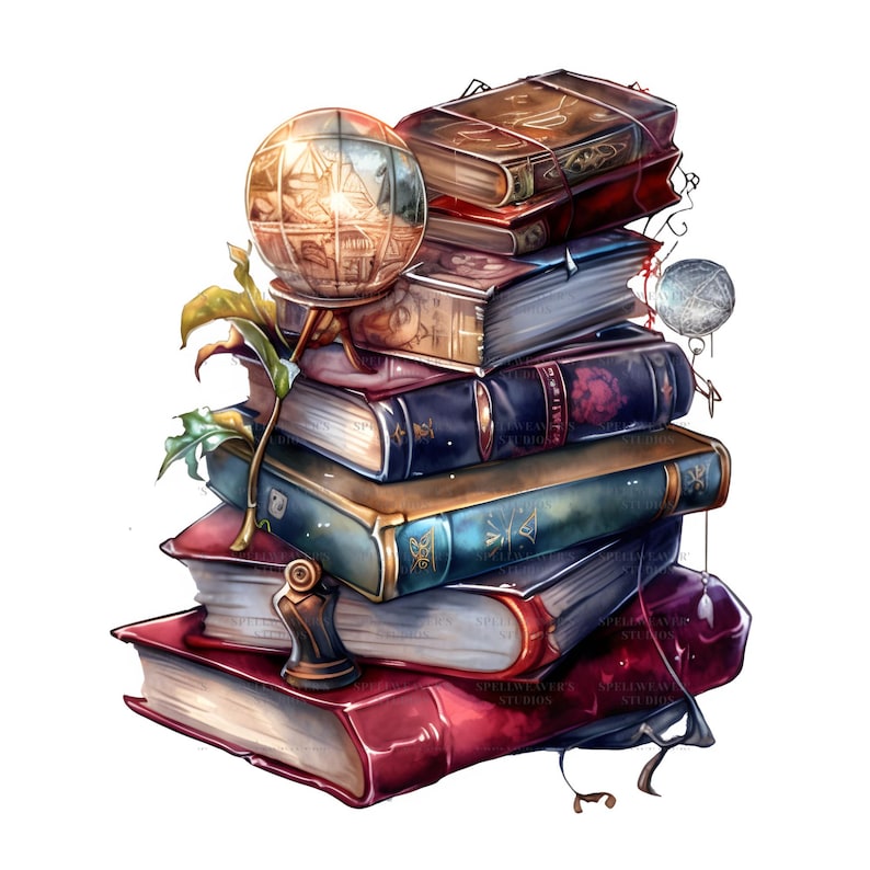 Enchanting Book Clipart Bundle Watercolor Spell Books, Vintage Old