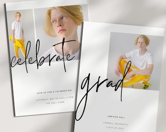 Könnte beinhalten: Eine Graduation-Ankündigung mit einem Foto einer Person in einem weißen Hemd und gelben Hosen. Der Text lautet "celebrate grad" und enthält das Datum, die Uhrzeit und den Ort der Feier. Die Ankündigung enthält auch den Namen des Absolventen, die Universität und das Abschlussjahr.