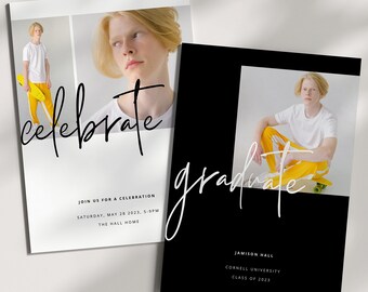 Könnte beinhalten: Eine Graduation-Ankündigung mit einem Schwarzweißfoto eines jungen Mannes in einem weißen Hemd und gelben Hosen. Der Text "celebrate" ist in schwarzer Schrift auf weißem Hintergrund geschrieben. Der Text "graduate" ist in weißer Schrift auf schwarzem Hintergrund geschrieben. Die Ankündigung enthält den Text "Join us for a celebration", "Saturday, May 28 2023, 5-9pm", "The Hall Home", "Jamison Hall", "Cornell University" und "Class of 2023".