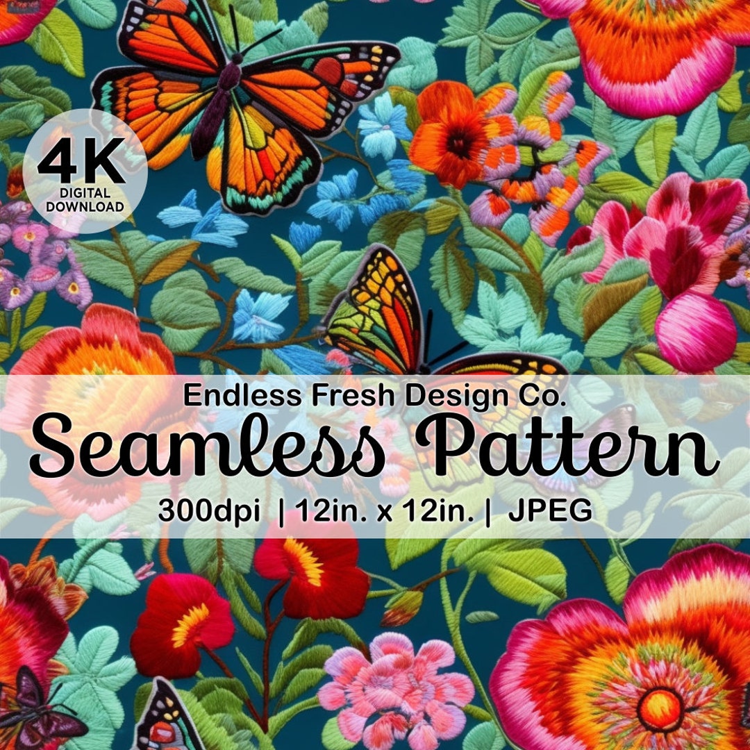 Vibrant Butterflies Embroidered Seamless Pattern High Etsy