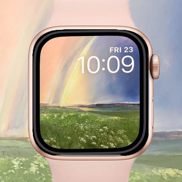 Double Rainbow Apple Watch Face, Large Minimalist Colorful Painting, Floral Field Painting Impressionist, Flower Field Canvas Downloadable