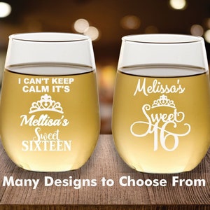 Engraved Stemless Wine Glass Sweet 16 Favors, Set of 12