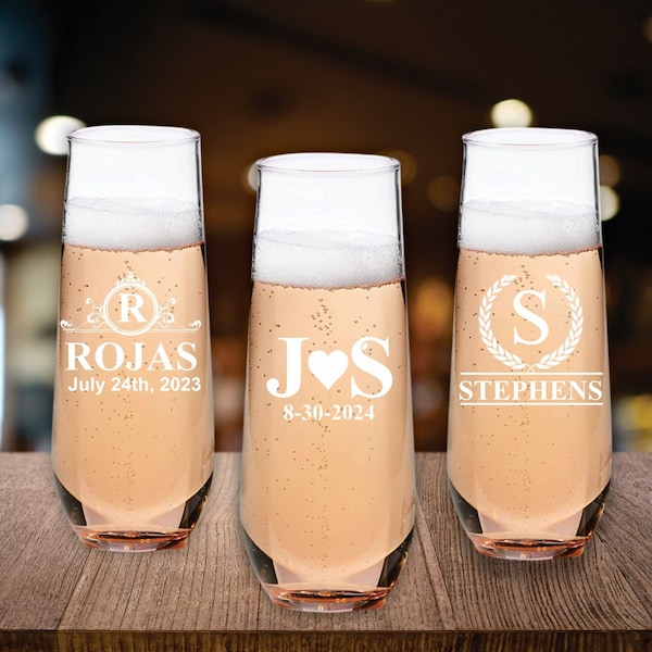 Personalized Stemless Champagne Glass Wedding Favors, Custom Wedding Favors, Engraved Champagne Flutes, Toasting Flute Favors, Party Favors
