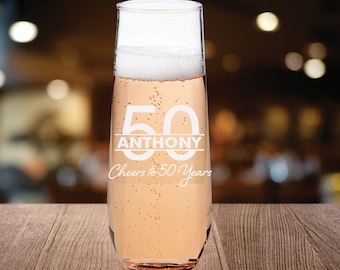 Personalized Birthday Champagne Flute Favors, Engraved Stemless Glass (Set of 12)