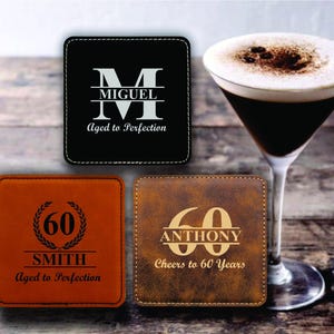 12 Pc Set 60th Birthday Party Favors, Custom Leatherette Coasters, Cheers to 60 Years, Milestone Birthday, Aged to Perfection Party Favor