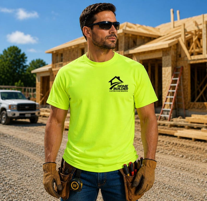 May include: A neon yellow short-sleeved t-shirt featuring a black logo on the left chest that reads Home Builder Custom Home Builders. The shirt is worn with blue denim jeans and tan work gloves, with a tape measure visible in a pocket.