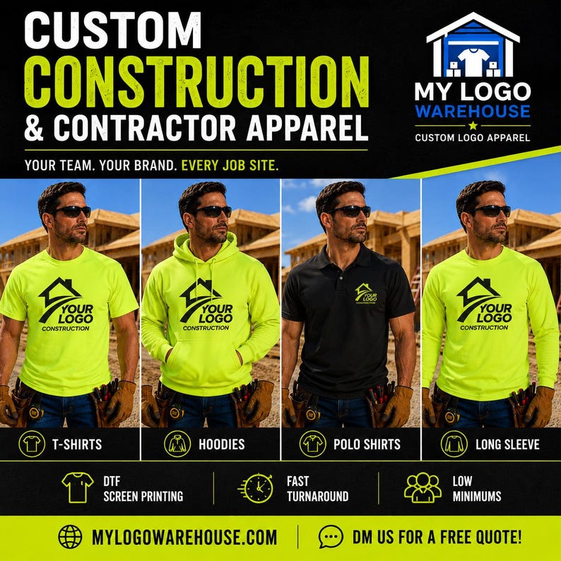 May include: A promotional graphic for My Logo Warehouse featuring four apparel options: a neon yellow t-shirt, a neon yellow hoodie, a black polo shirt, and a neon yellow long-sleeve shirt. Each garment displays a construction company logo.