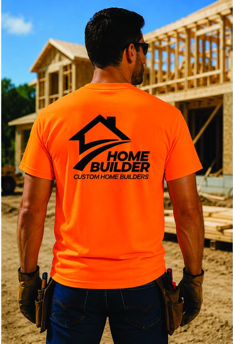 May include: A bright neon orange short-sleeved t-shirt featuring a black graphic on the back. The graphic displays a house silhouette above the text HOME BUILDER and CUSTOM HOME BUILDERS in a bold, sans-serif font, centered on the shirt back.
