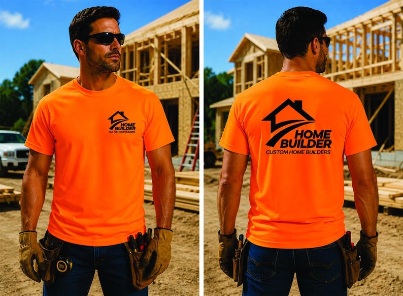May include: A bright orange short-sleeve t-shirt featuring a black logo on the front left chest and a larger version of the same logo on the back. The logo depicts a house outline with the text HOME BUILDER CUSTOM HOME BUILDERS.