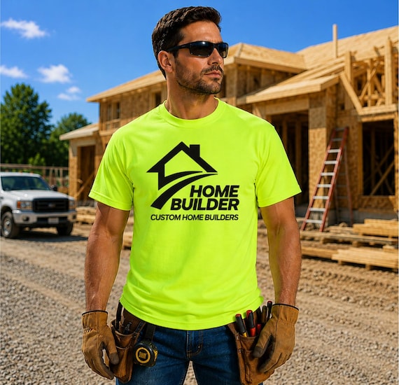 Custom Construction Safety Green Work Shirts | Screen Printed Contractor & Crew T-Shirts with Company Logo | For Builders, Landscapers
