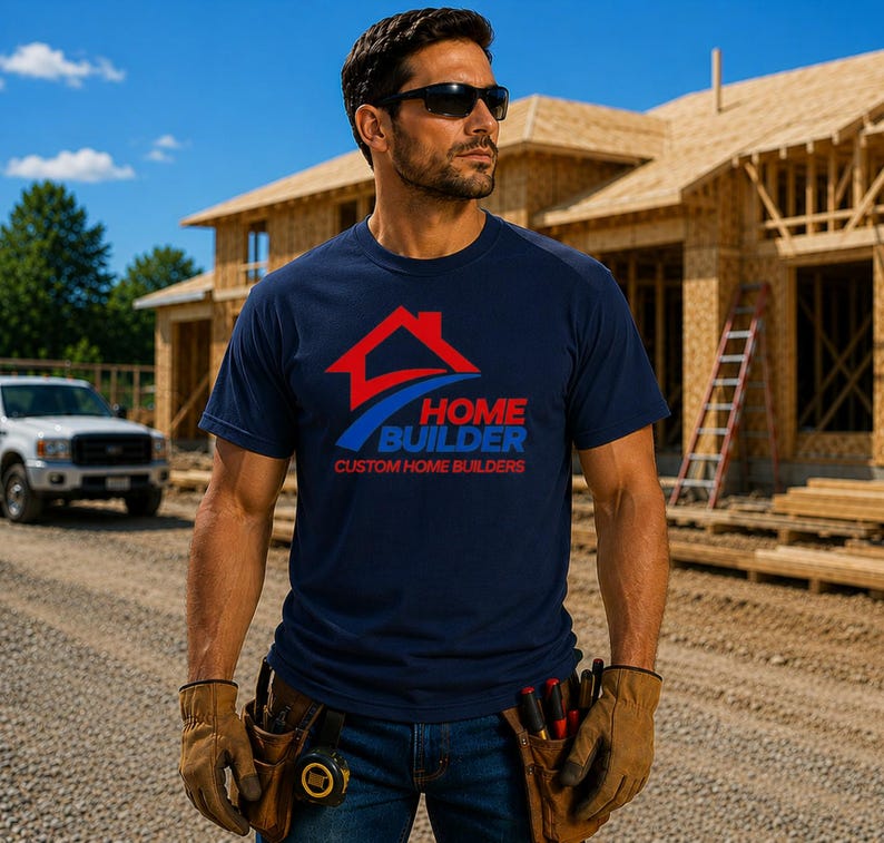 May include: A navy blue short-sleeved t-shirt featuring a red house icon and a blue swoosh graphic above the text "HOME BUILDER" and "CUSTOM HOME BUILDERS" in red and blue lettering, worn with tan leather work gloves and a tool belt.