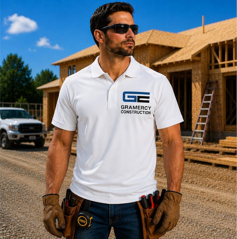 May include: A white short-sleeved polo shirt featuring a blue and black logo with the text "GC GRAMERCY CONSTRUCTION" on the chest. The shirt is worn with dark blue jeans, a brown leather tool belt, and tan work gloves.